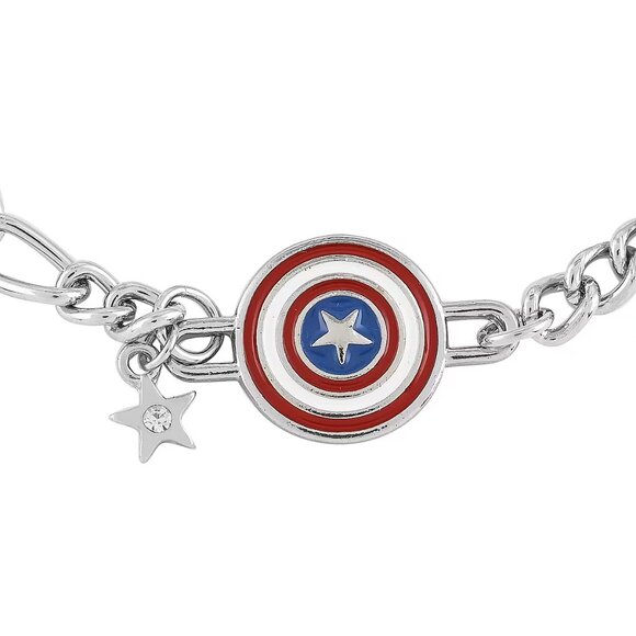 Captain America Figaro Shield Enameled Bracelet in Silvertone 7.5" - Picture 1 of 3